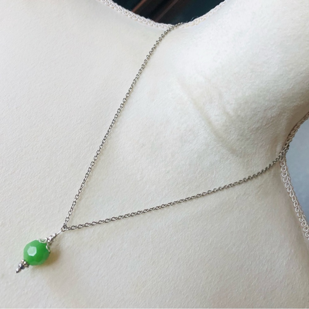 Hand crafted faceted green chalcedony cap pendant on chain necklace